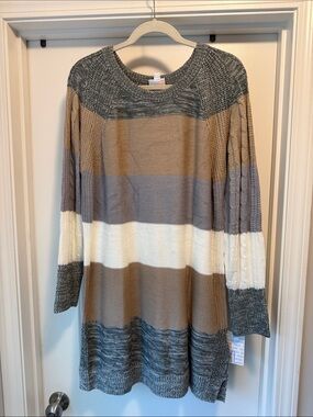LuLaRoe Lauren Long Sleeve Striped Knit Dress in Gray, Brown and Cream